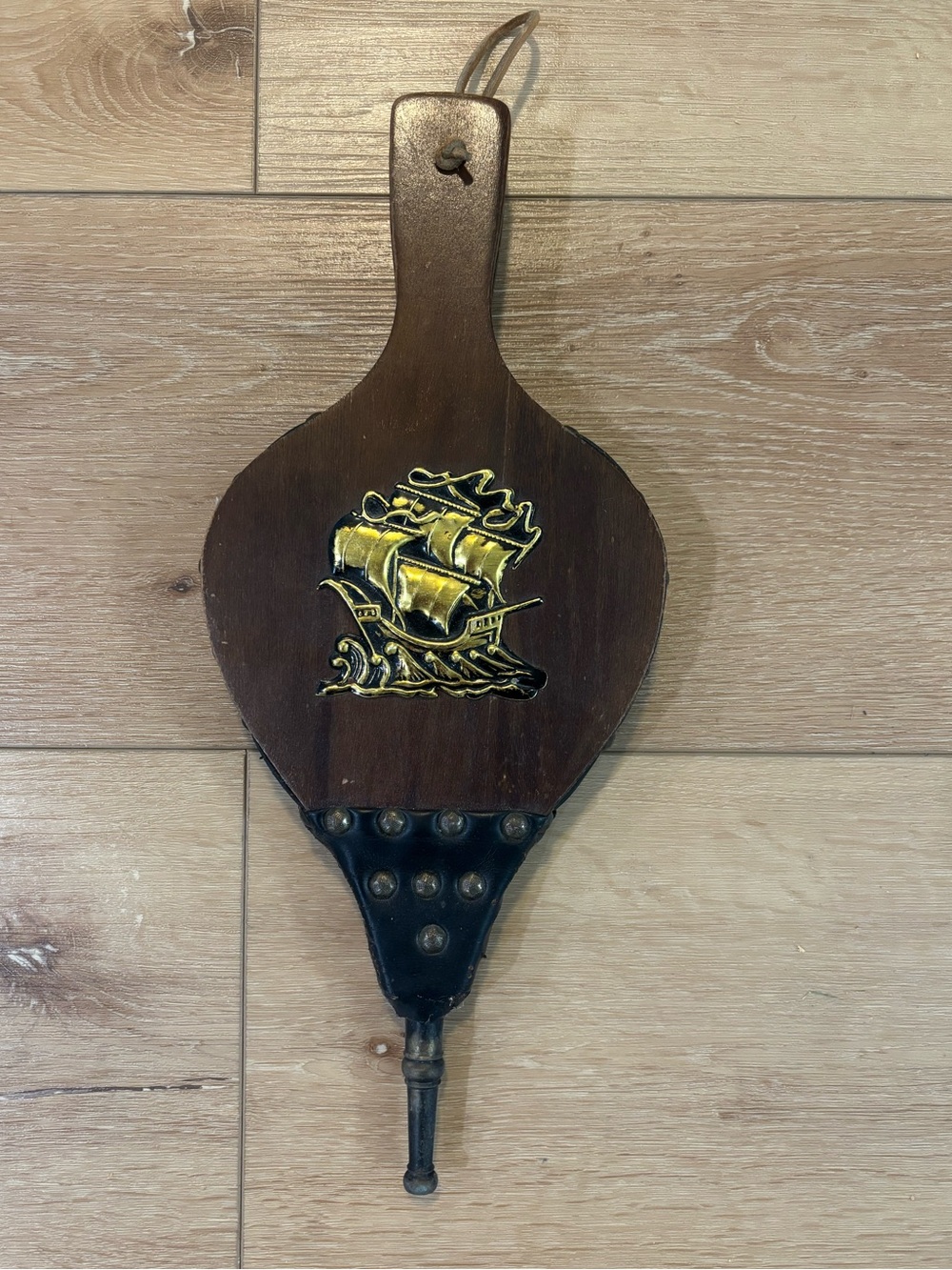 Vintage Fireplace Bellows With Brass Ship